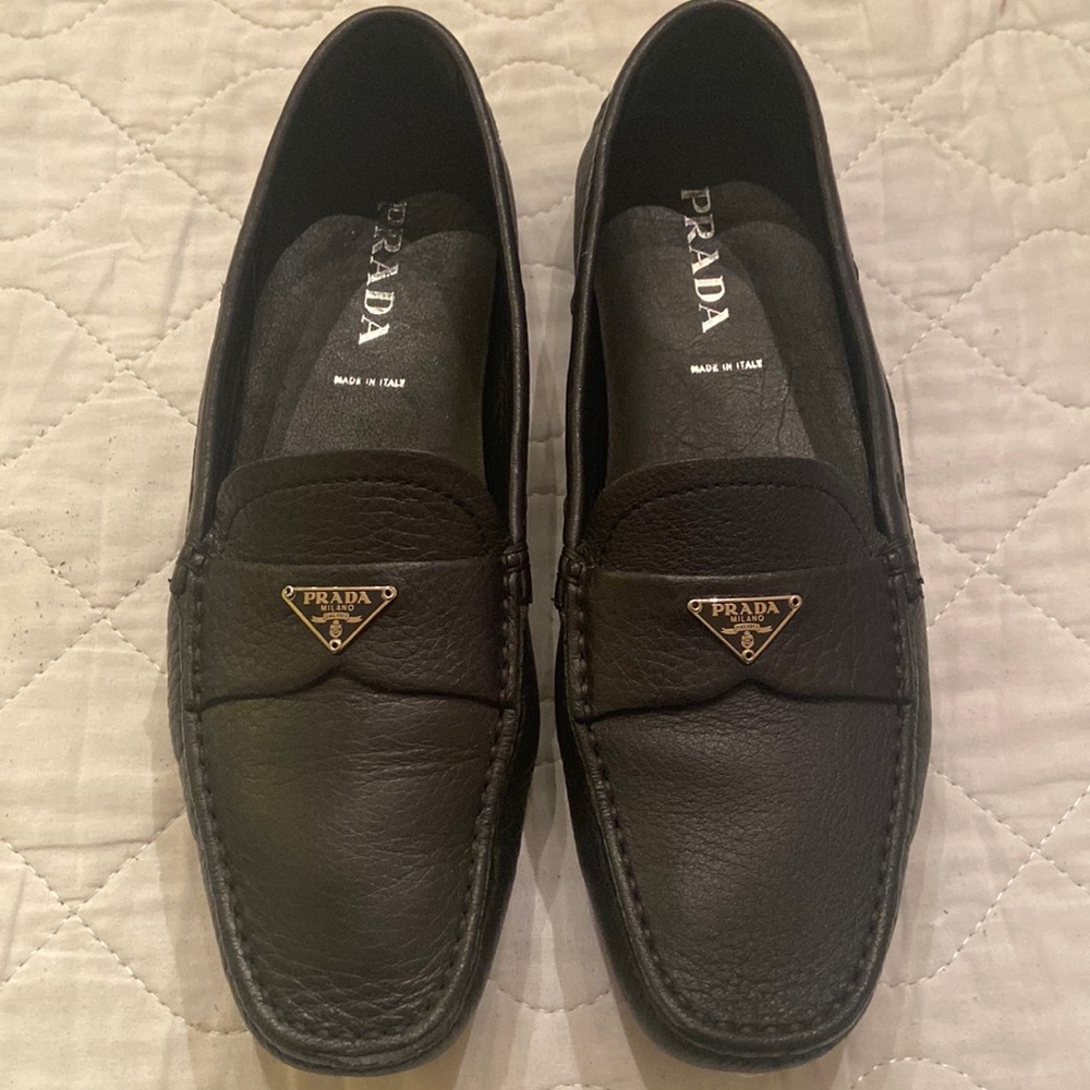 Prada Black Leather Loafers with Gold Logo